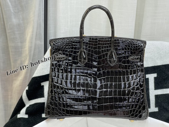Hermes專櫃經典款鱷魚皮Birkin手提女包 愛馬仕鉑金25CM石墨灰金扣進口高光尼羅鱷魚肚皮純手工女包 zhh1226